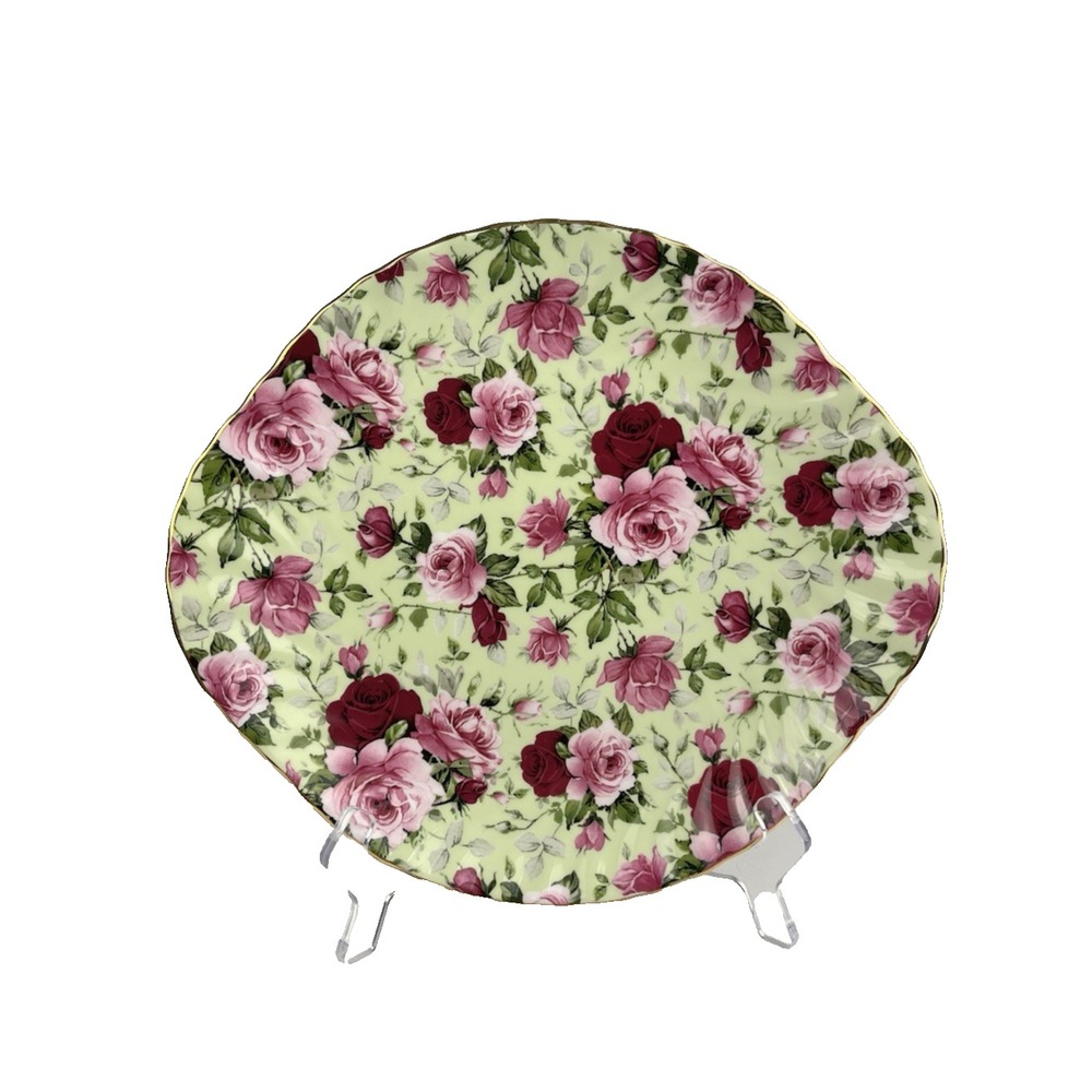 Staffordshire Royale Garden Chintz Pink Cabbage Roses Handled Cake Plate Green